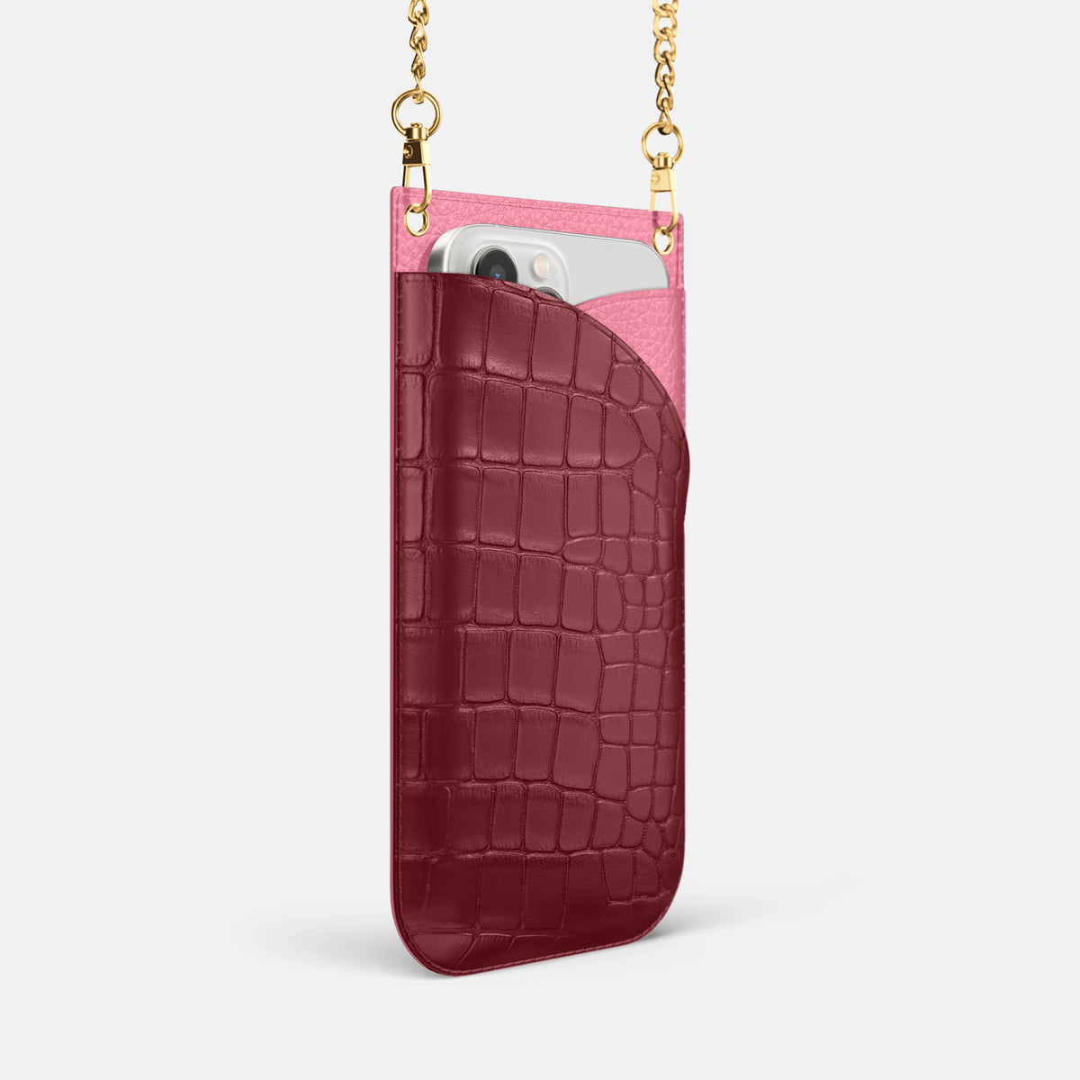 Burgundy iPhone 16 Pro Crossbody Bag Alligator with Gold Metal -2 | Burgundy-Gold