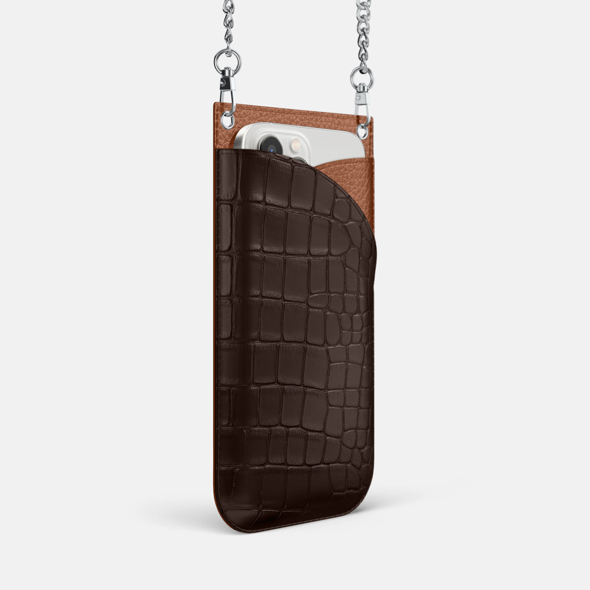 Dark-Brown iPhone 16 Pro Crossbody Bag Alligator with Steel Metal -2 | Dark-Brown-Steel