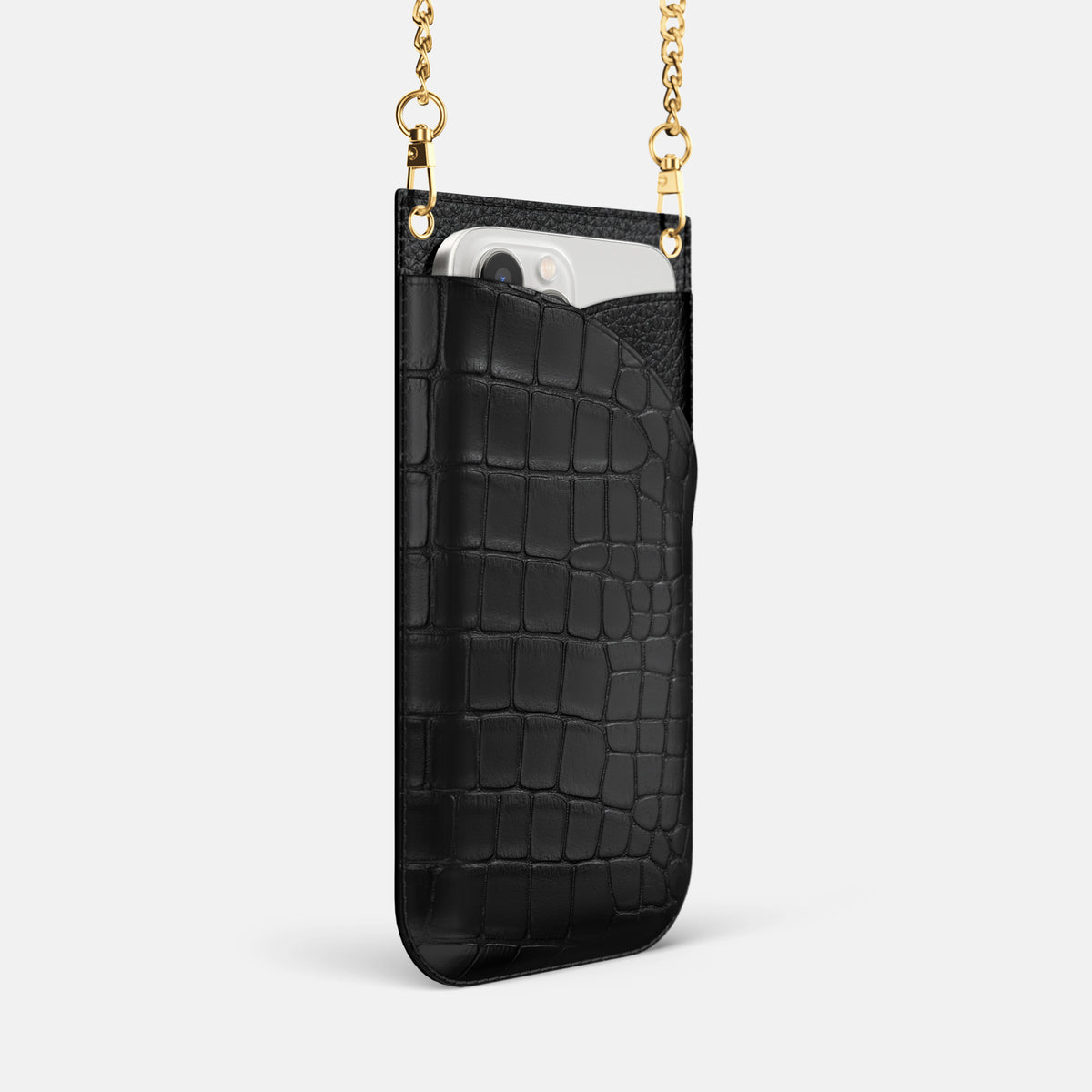 Black iPhone 16 Pro Crossbody Bag Alligator with Gold Metal -2 | Black-Gold