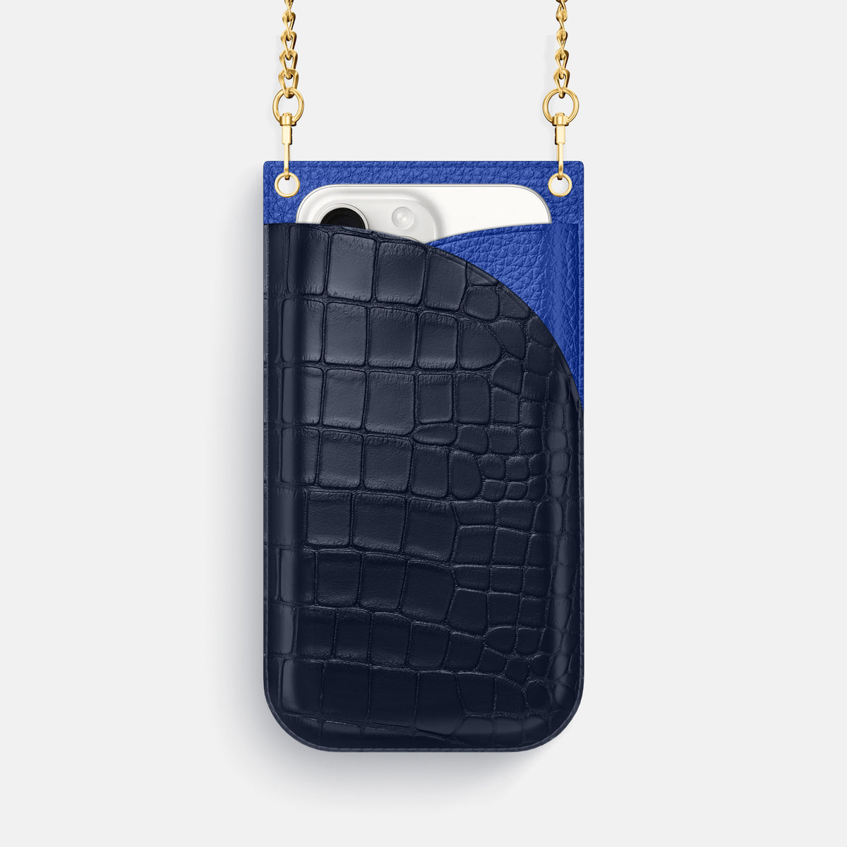 Navy Blue iPhone 16 Pro Crossbody Bag Alligator with Gold Metal -1 | Navy-Blue-Gold