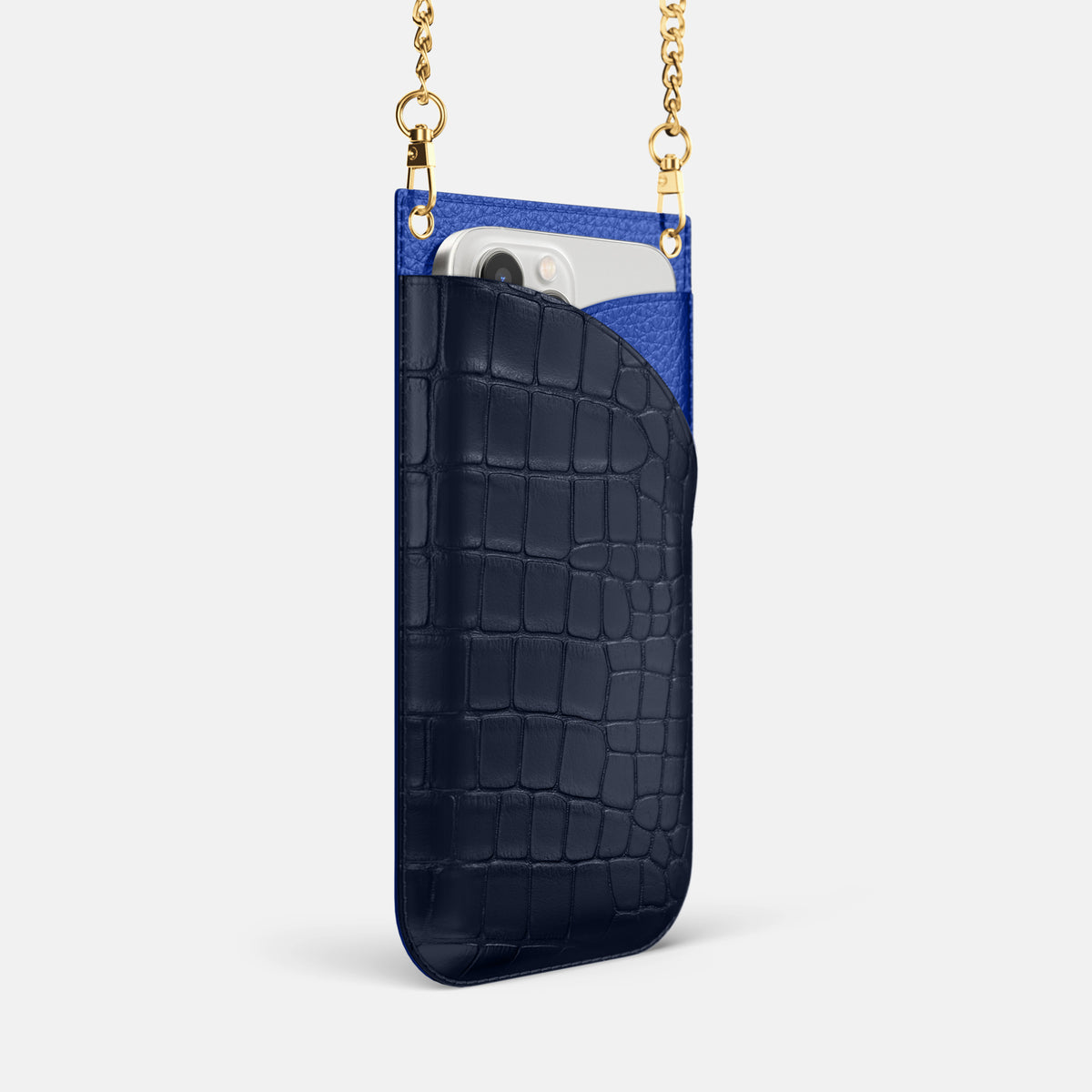 Navy Blue iPhone 16 Pro Crossbody Bag Alligator with Gold Metal -2 | Navy-Blue-Gold
