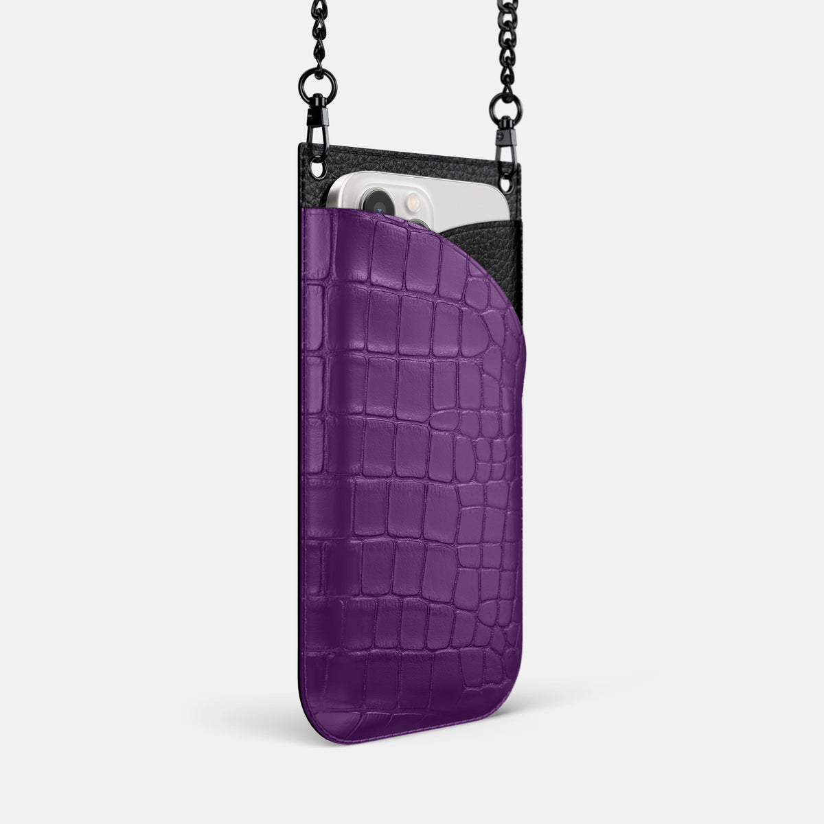 Purple iPhone 16 Pro Crossbody Bag Alligator with Black Metal -2 | Purple-Black