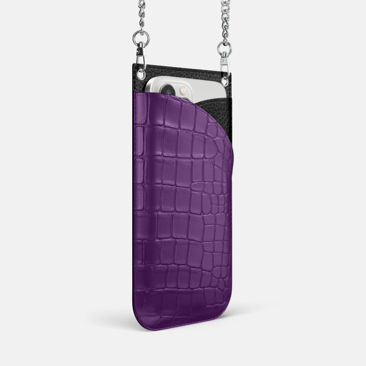 Purple iPhone 16 Pro Crossbody Bag Alligator with Steel Metal -2 | Purple-Steel