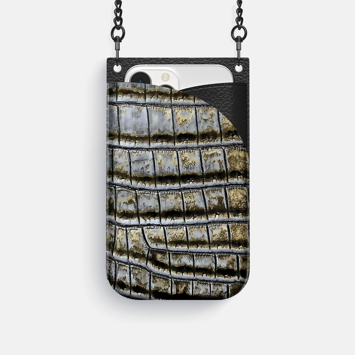 Antique-Bronze iPhone 16 Pro Crossbody Bag Himalayan Crocodile with Black Metal -1 | Antique-Bronze-Black