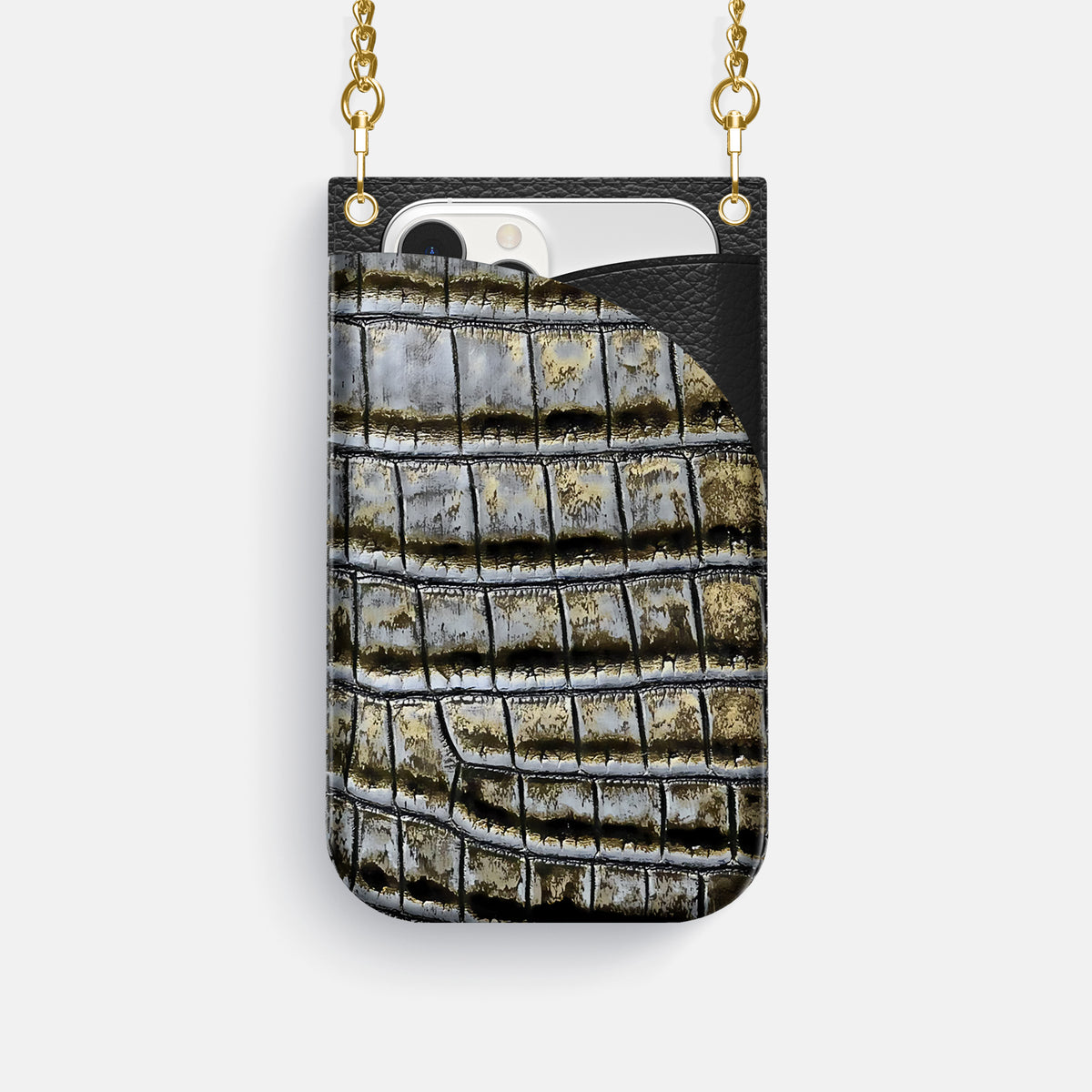 Antique-Bronze iPhone 16 Pro Crossbody Bag Himalayan Crocodile with Gold Metal -1 | Antique-Bronze-Gold