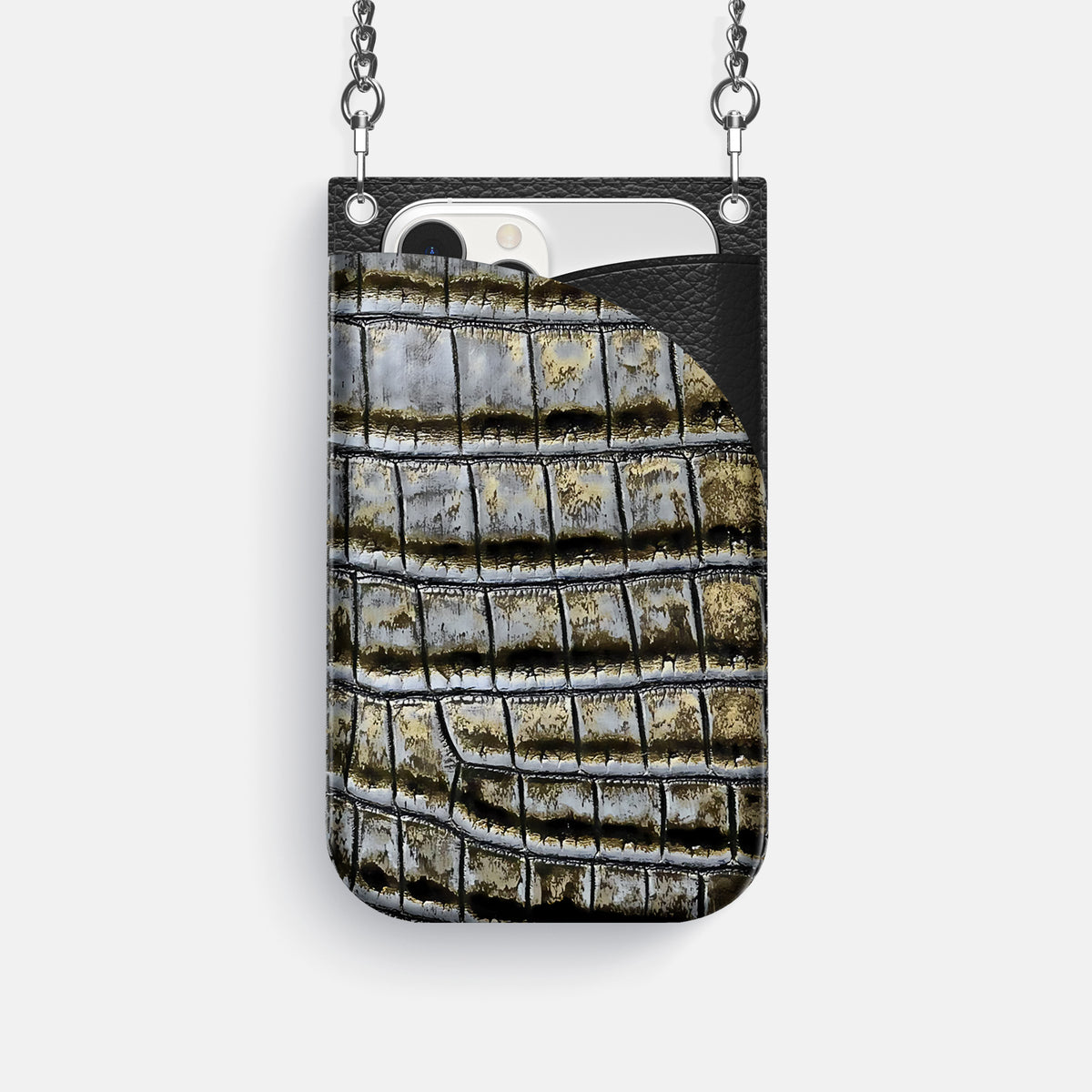 Antique-Bronze iPhone 16 Pro Crossbody Bag Himalayan Crocodile with Steel Metal -1 | Antique-Bronze-Steel