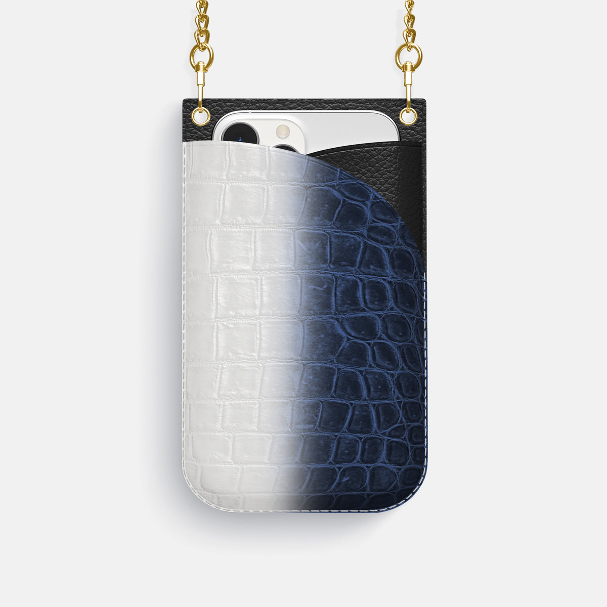 Navy Blue iPhone 16 Pro Crossbody Bag Himalayan Crocodile with Gold Metal -1 | Navy-Blue-Gold