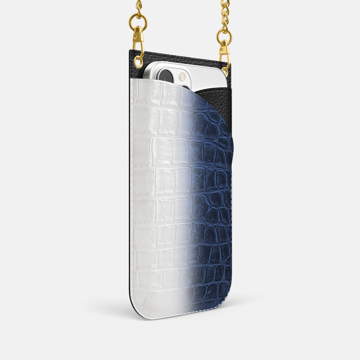 Navy Blue iPhone 16 Pro Crossbody Bag Himalayan Crocodile with Gold Metal -2 | Navy-Blue-Gold