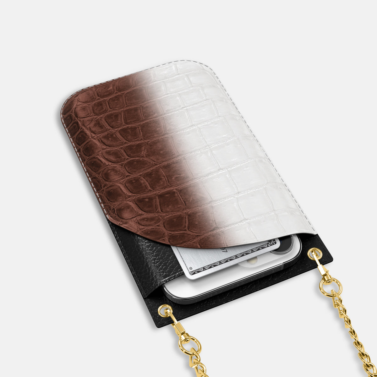 Dark Brown iPhone 16 Pro Crossbody Bag Himalayan Crocodile with Gold Metal -5 | Dark-Brown-Gold