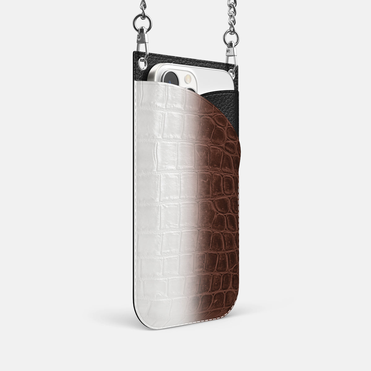 Dark Brown iPhone 16 Pro Crossbody Bag Himalayan Crocodile with Steel Metal -2 | Dark-Brown-Steel