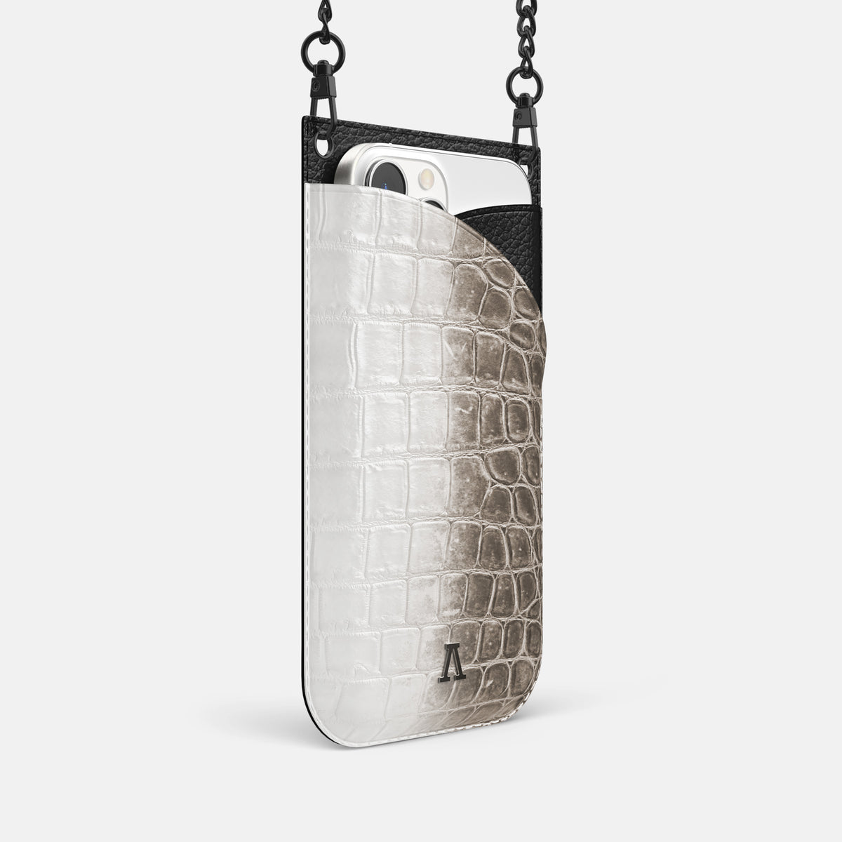 Dark iPhone 16 Pro Crossbody Bag Himalayan Crocodile with Black Metal -2 | Dark-Black