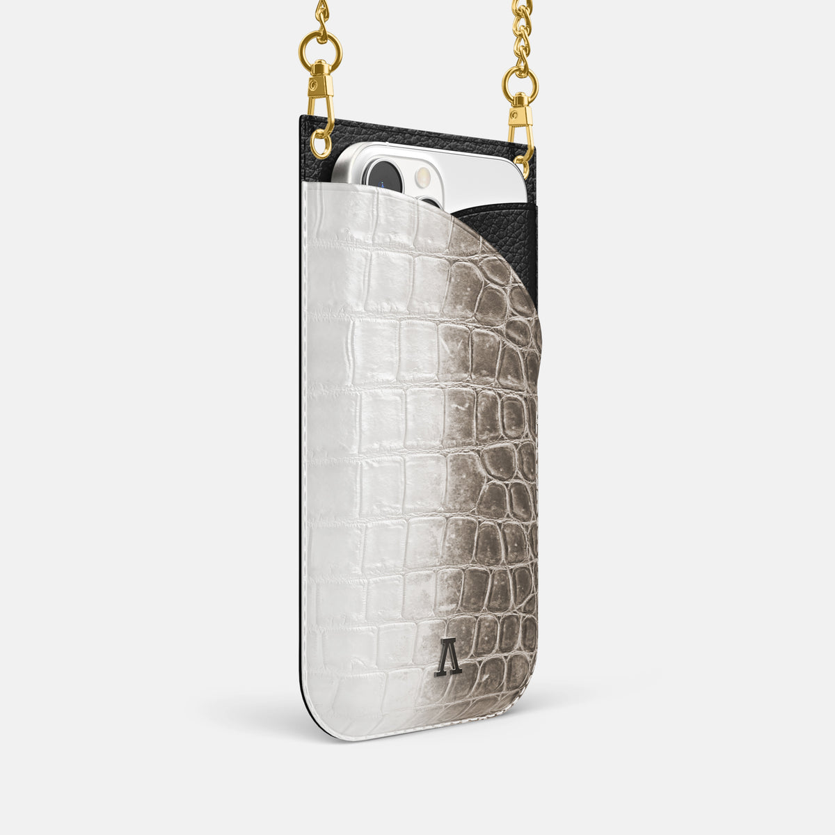 Dark iPhone 16 Pro Crossbody Bag Himalayan Crocodile with Gold Metal -2 | Dark-Gold