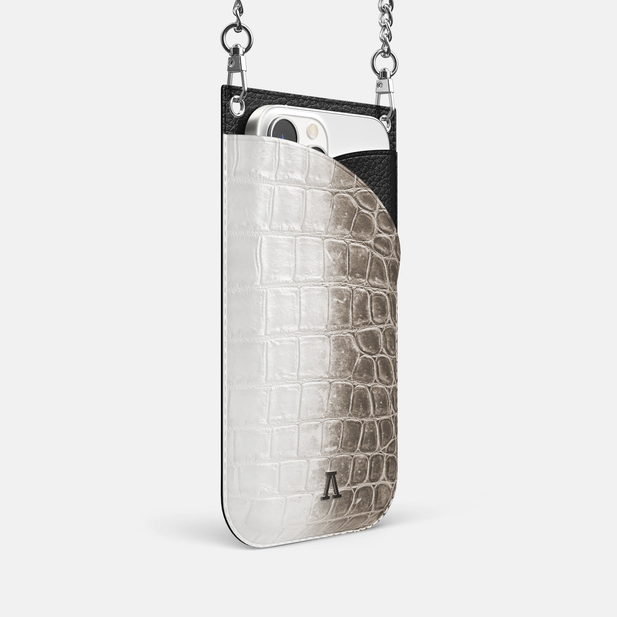 Dark iPhone 16 Pro Crossbody Bag Himalayan Crocodile with Steel Metal -2 | Dark-Steel