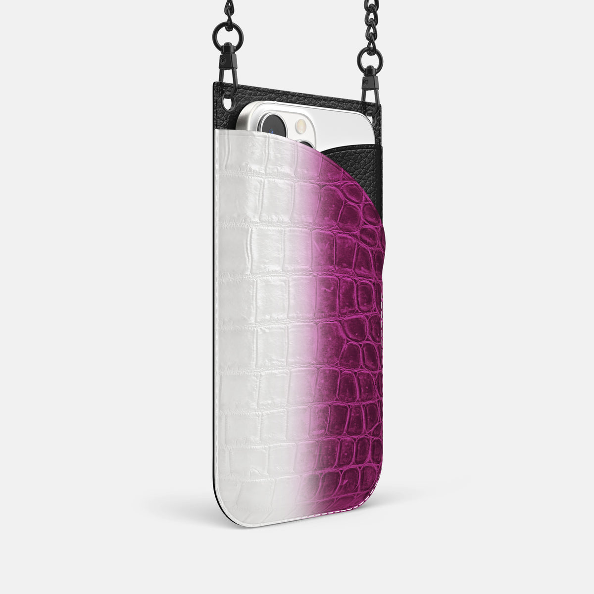 Fuchsia iPhone 16 Pro Crossbody Bag Himalayan Crocodile with Black Metal -2 | Fuchsia-Black