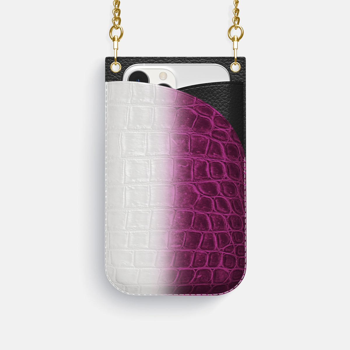 Fuchsia iPhone 16 Pro Crossbody Bag Himalayan Crocodile with Gold Metal -1 | Fuchsia-Gold