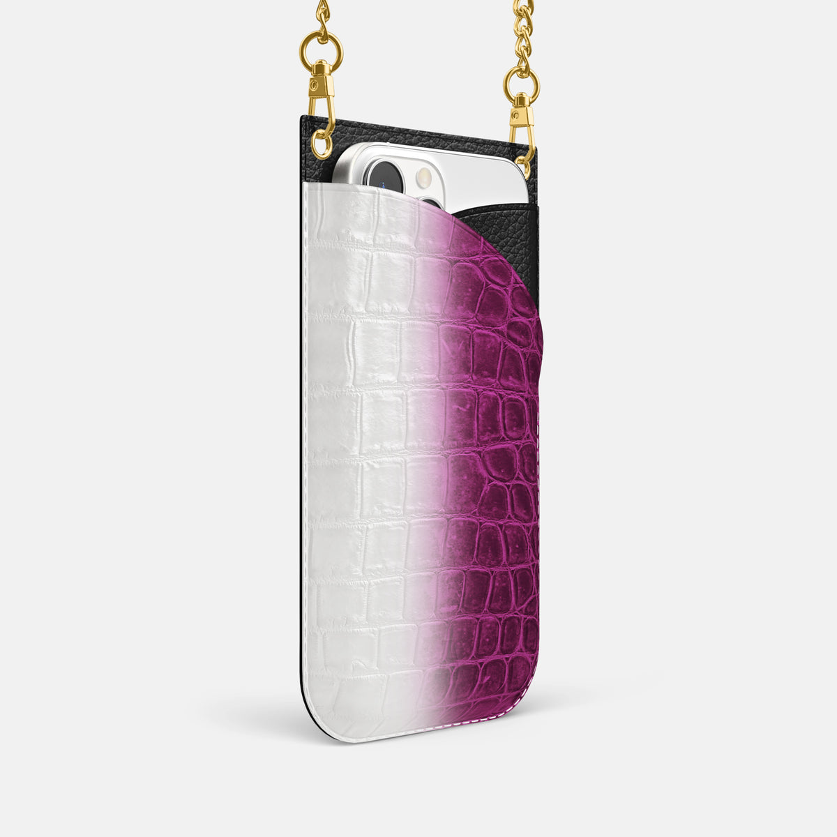 Fuchsia iPhone 16 Pro Crossbody Bag Himalayan Crocodile with Gold Metal -2 | Fuchsia-Gold