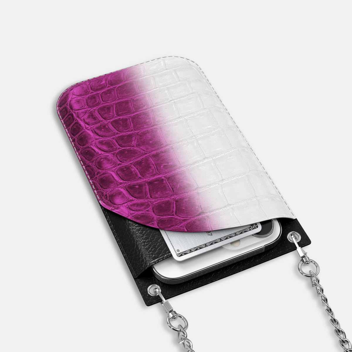Fuchsia iPhone 16 Pro Crossbody Bag Himalayan Crocodile with Steel Metal -5 | Fuchsia-Steel