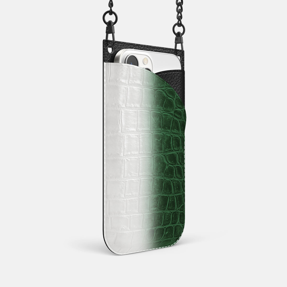 Green iPhone 16 Pro Crossbody Bag Himalayan Crocodile with Black Metal -2 | Green-Black