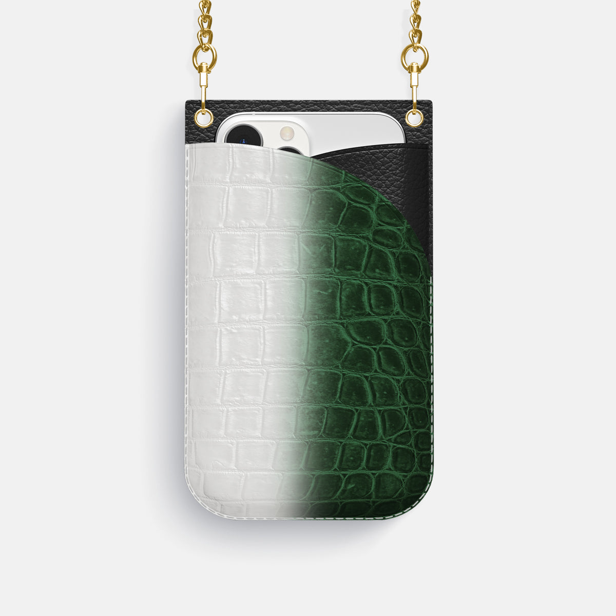 Green iPhone 16 Pro Crossbody Bag Himalayan Crocodile with Gold Metal -1 | Green-Gold