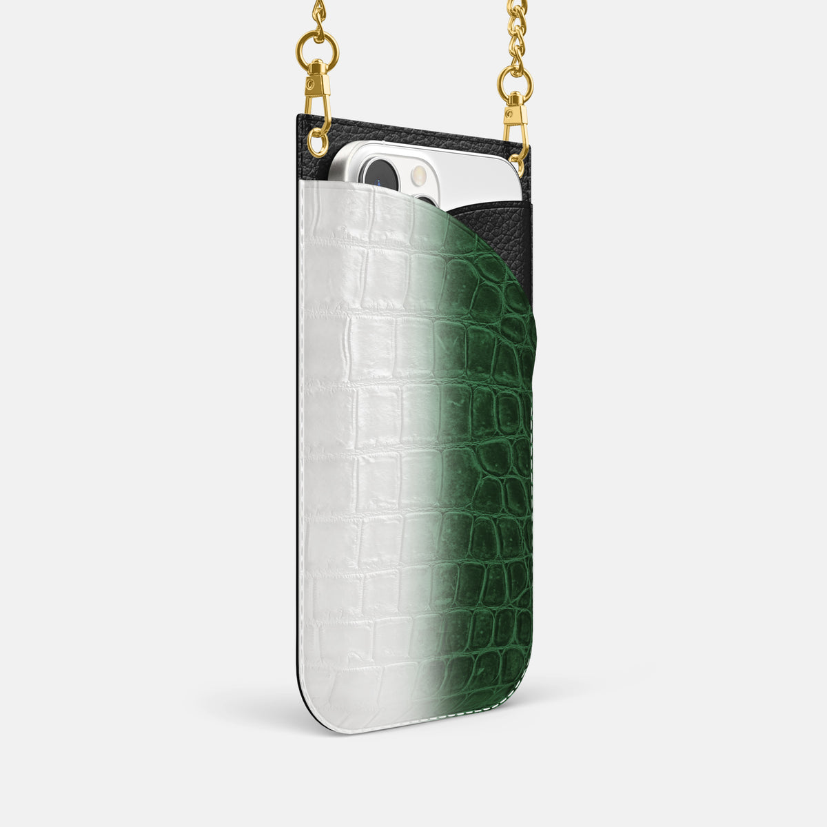 Green iPhone 16 Pro Crossbody Bag Himalayan Crocodile with Gold Metal -2 | Green-Gold