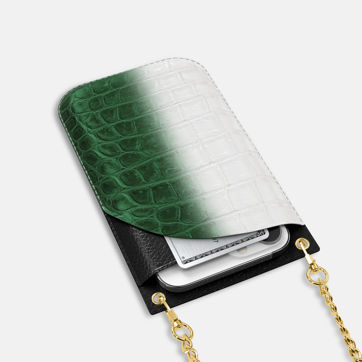 Green iPhone 16 Pro Crossbody Bag Himalayan Crocodile with Gold Metal -5 | Green-Gold