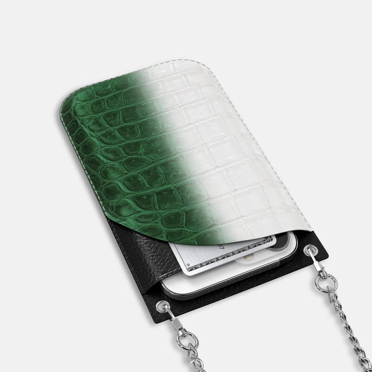Green iPhone 16 Pro Crossbody Bag Himalayan Crocodile with Steel Metal -5 | Green-Steel