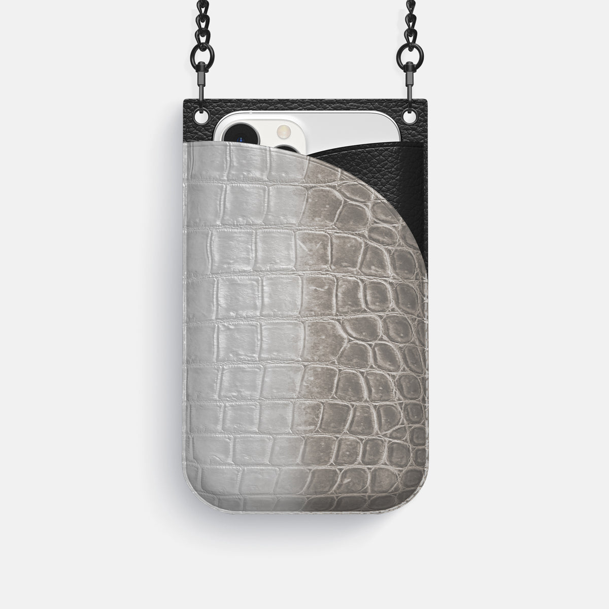 Grey iPhone 16 Pro Crossbody Bag Himalayan Crocodile with Black Metal -1 | Grey-Black