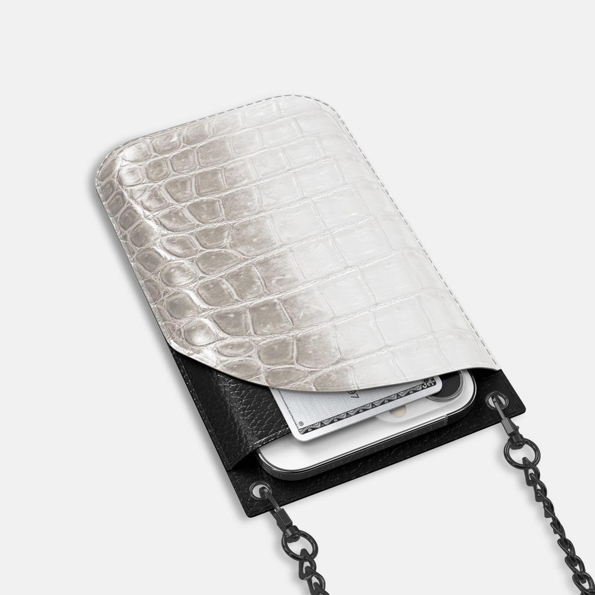 Grey iPhone 16 Pro Crossbody Bag Himalayan Crocodile with Black Metal -5 | Grey-Black