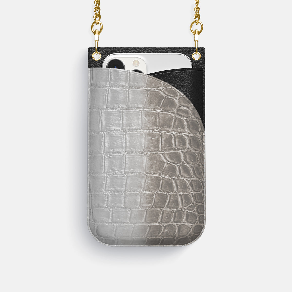 Grey iPhone 16 Pro Crossbody Bag Himalayan Crocodile with Gold Metal -1 | Grey-Gold