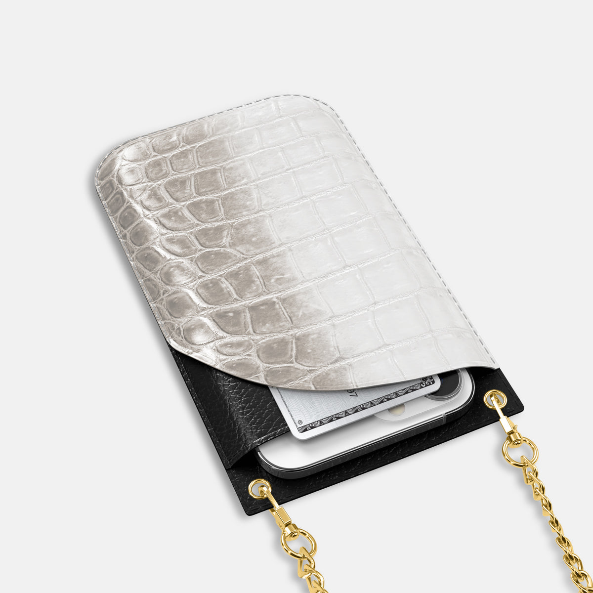 Grey iPhone 16 Pro Crossbody Bag Himalayan Crocodile with Gold Metal -5 | Grey-Gold