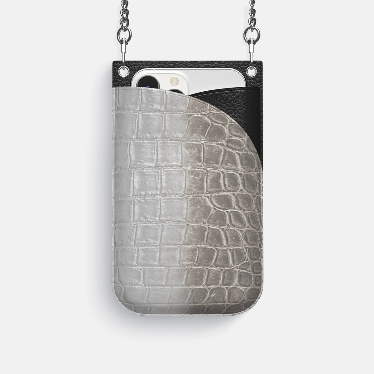 Grey iPhone 16 Pro Crossbody Bag Himalayan Crocodile with Steel Metal -1 | Grey-Steel