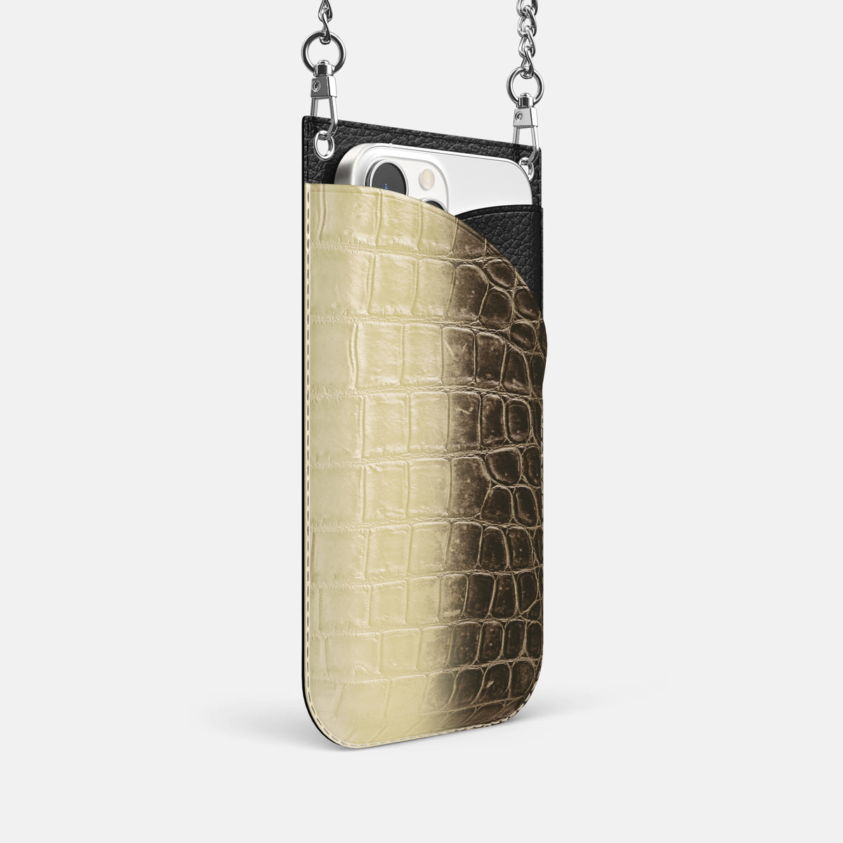Natural iPhone 16 Pro Crossbody Bag Himalayan Crocodile with Steel Metal -2 | Natural-Steel