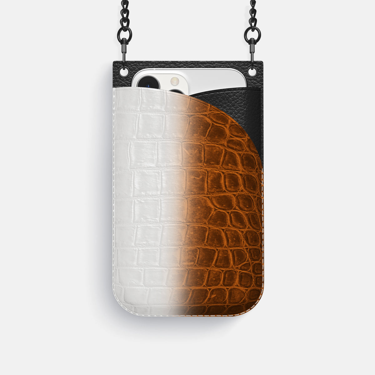 Orange iPhone 16 Pro Crossbody Bag Himalayan Crocodile with Black Metal -1 | Orange-Black