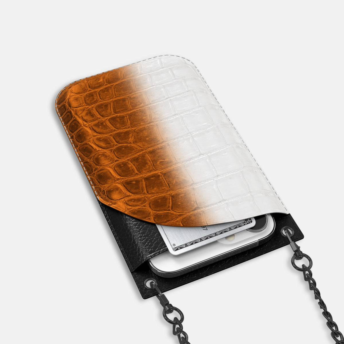 Orange iPhone 16 Pro Crossbody Bag Himalayan Crocodile with Black Metal -5 | Orange-Black