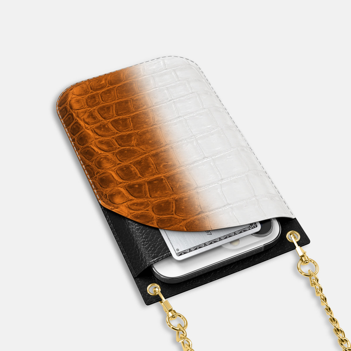 Orange iPhone 16 Pro Crossbody Bag Himalayan Crocodile with Gold Metal -5 | Orange-Gold