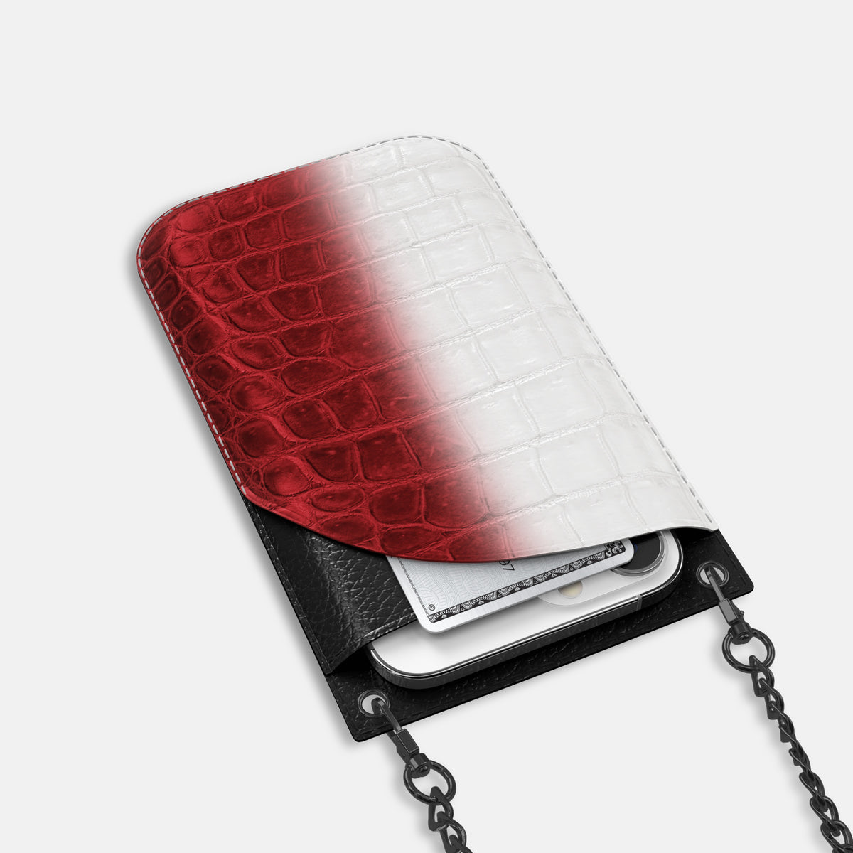 Red iPhone 16 Pro Crossbody Bag Himalayan Crocodile with Black Metal -5 | Red-Black