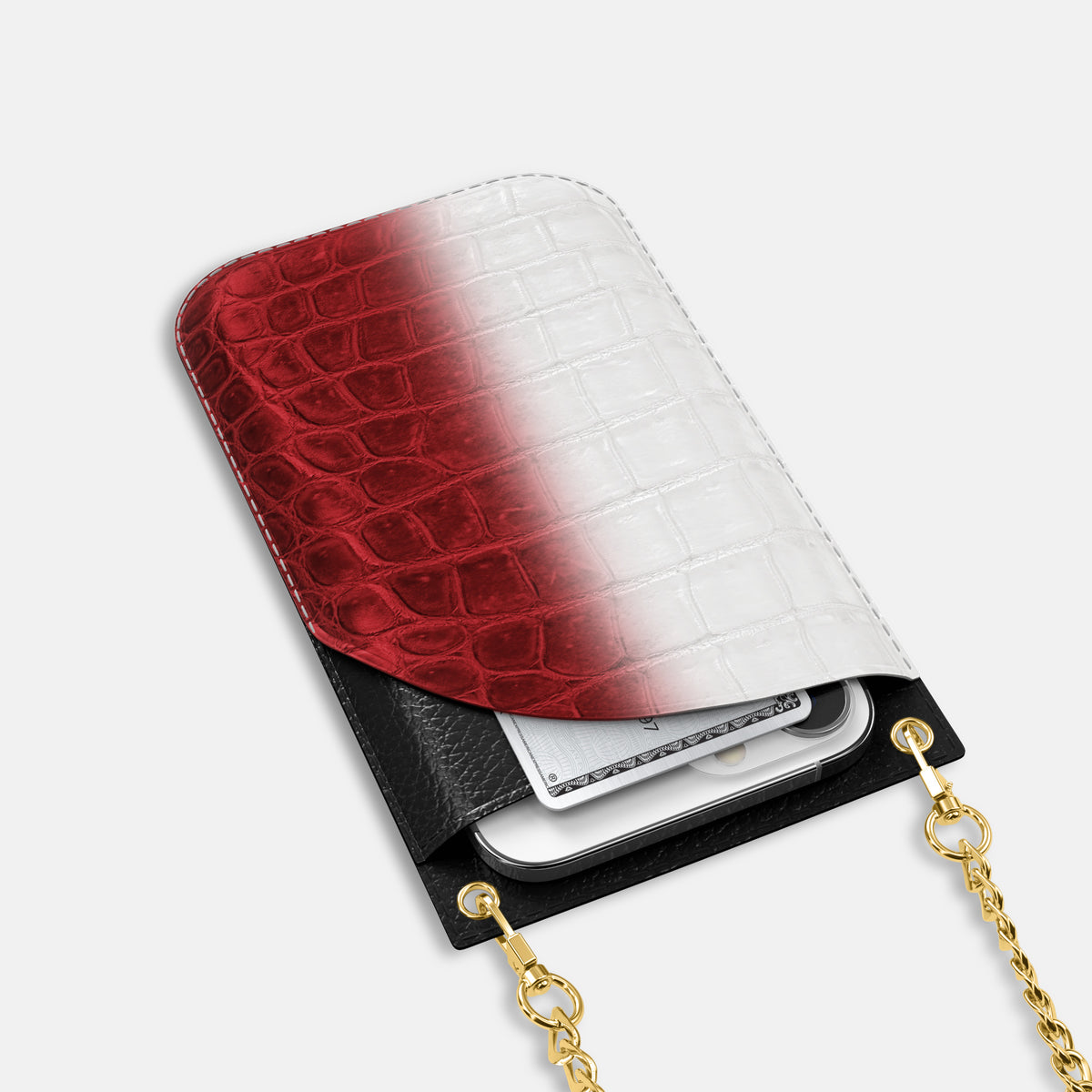 Red iPhone 16 Pro Crossbody Bag Himalayan Crocodile with Gold Metal -5 | Red-Gold
