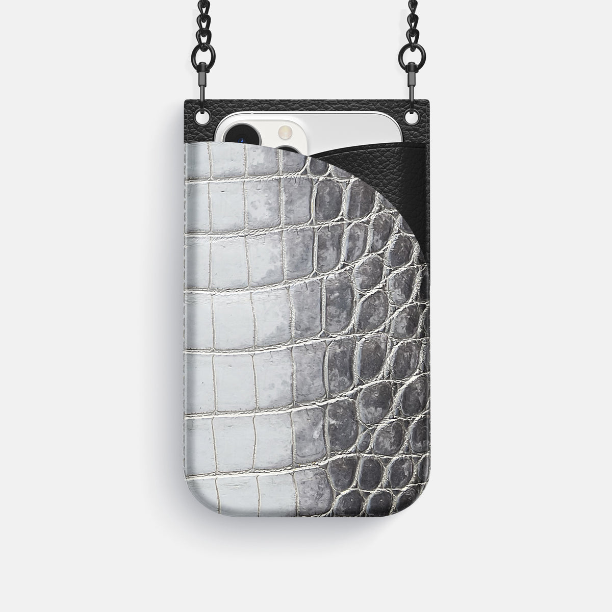 Silver iPhone 16 Pro Crossbody Bag Himalayan Crocodile with Black Metal -1 | Silver-Black