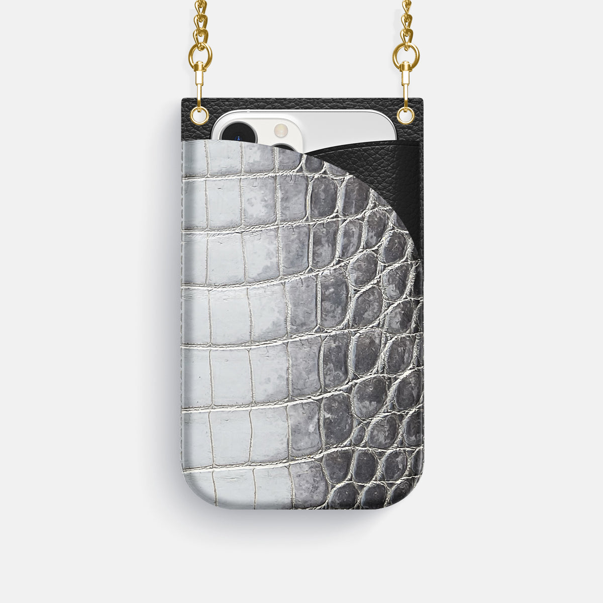 Silver iPhone 16 Pro Crossbody Bag Himalayan Crocodile with Gold Metal -1 | Silver-Gold