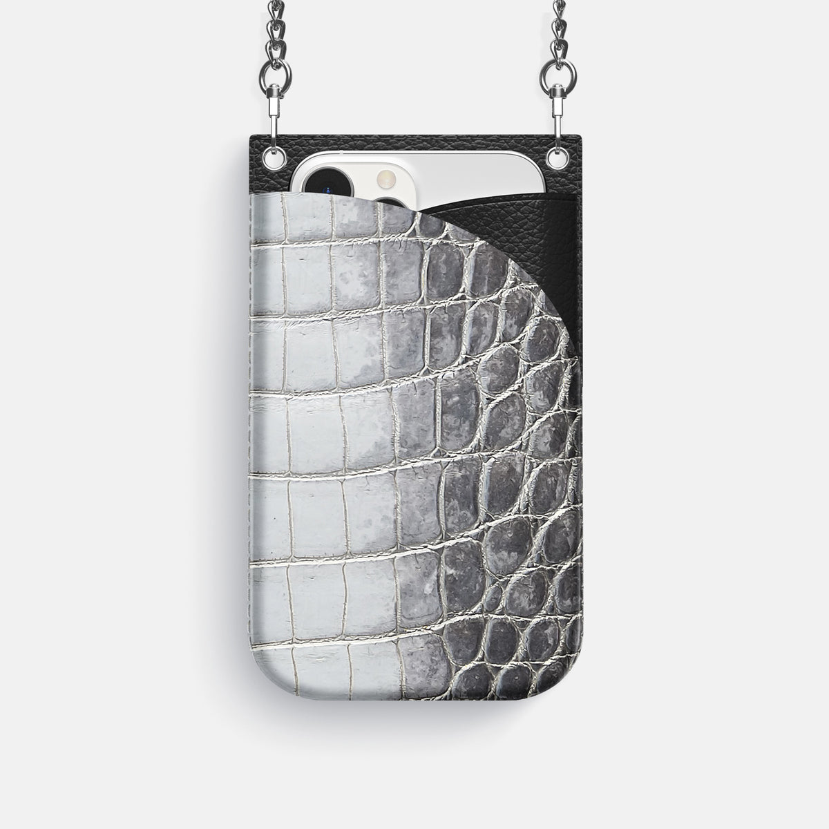 Silver iPhone 16 Pro Crossbody Bag Himalayan Crocodile with Steel Metal -1 | Silver-Steel