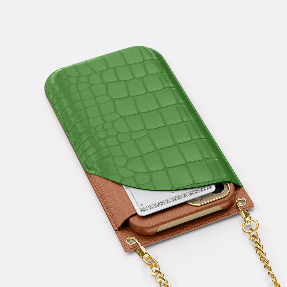 Apple-Green iPhone 16 Pro Max Crossbody Bag Alligator with Gold Metal -5 | Apple-Green-Gold