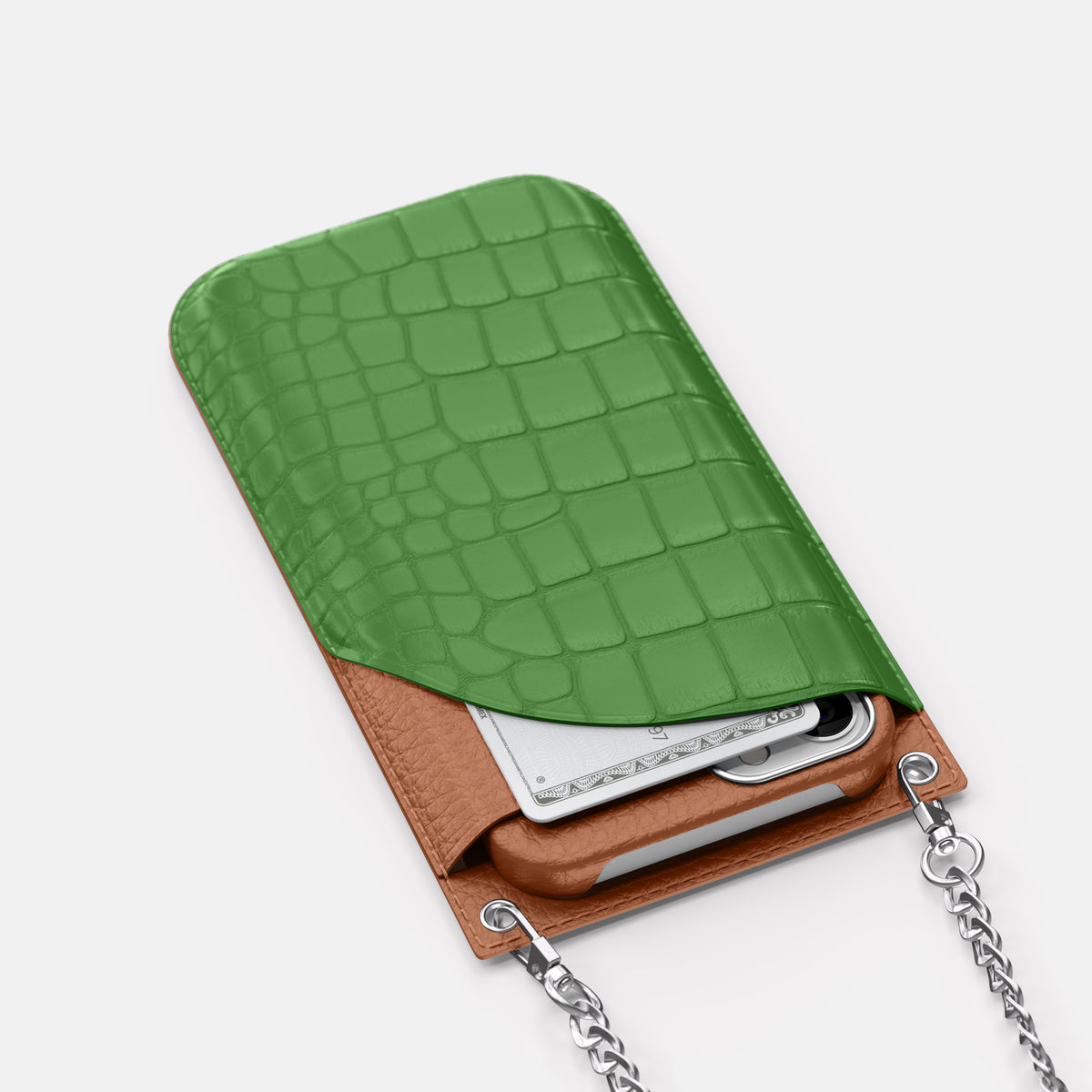 Apple-Green iPhone 16 Pro Max Crossbody Bag Alligator with Steel Metal -5 | Apple-Green-Steel