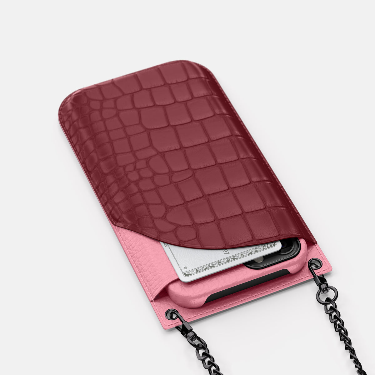 Burgundy iPhone 16 Pro Max Crossbody Bag Alligator with Black Metal -5 | Burgundy-Black
