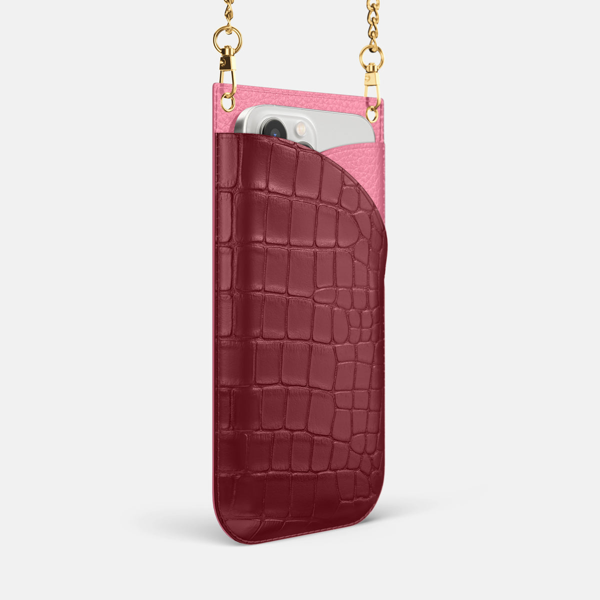 Burgundy iPhone 16 Pro Max Crossbody Bag Alligator with Gold Metal -2 | Burgundy-Gold