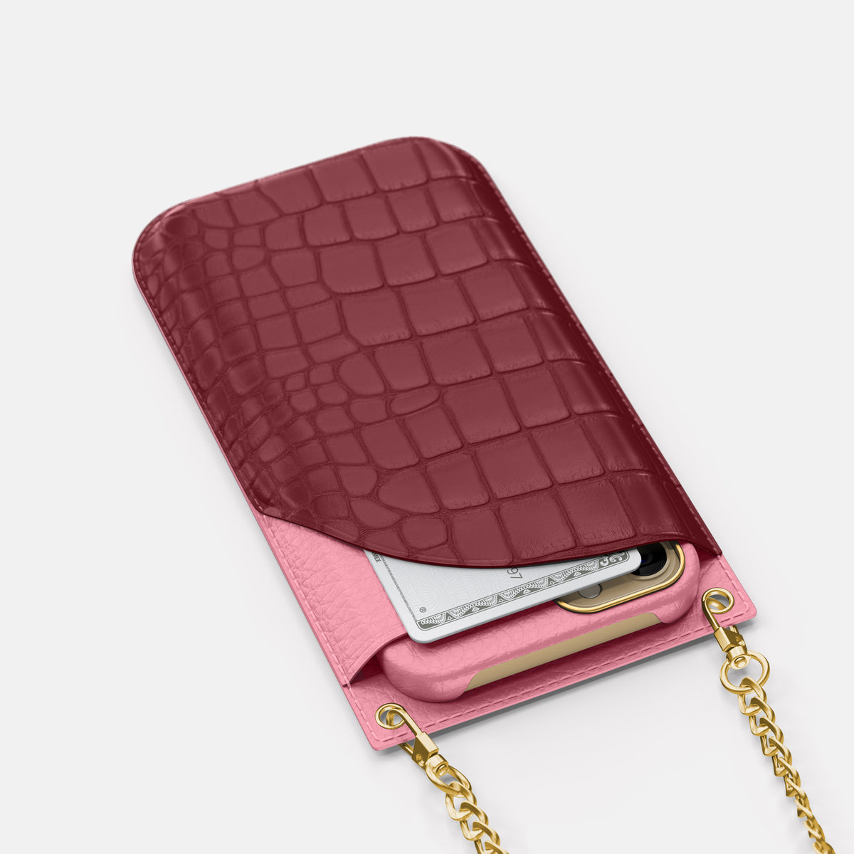 Burgundy iPhone 16 Pro Max Crossbody Bag Alligator with Gold Metal -5 | Burgundy-Gold