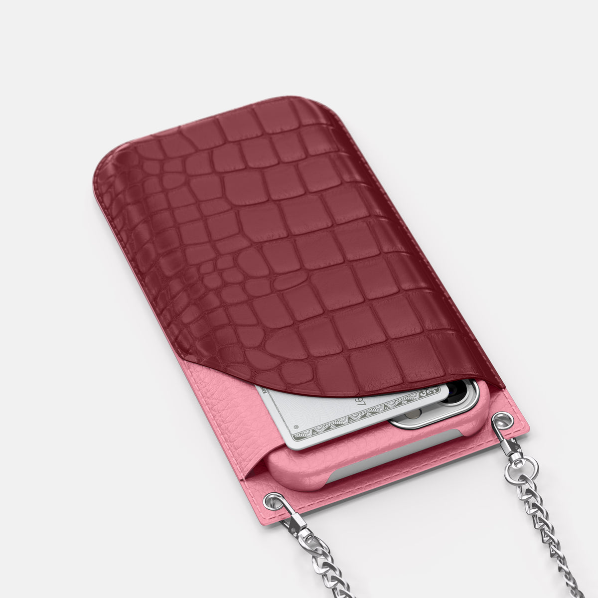 Burgundy iPhone 16 Pro Max Crossbody Bag Alligator with Steel Metal -5 | Burgundy-Steel