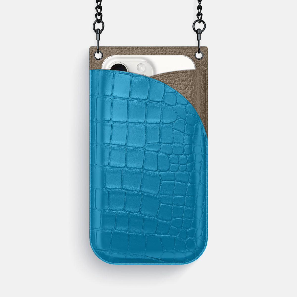 Curaçao-Blue iPhone 16 Pro Max Crossbody Bag Alligator with Black Metal -1 | Curaçao-Blue-Black