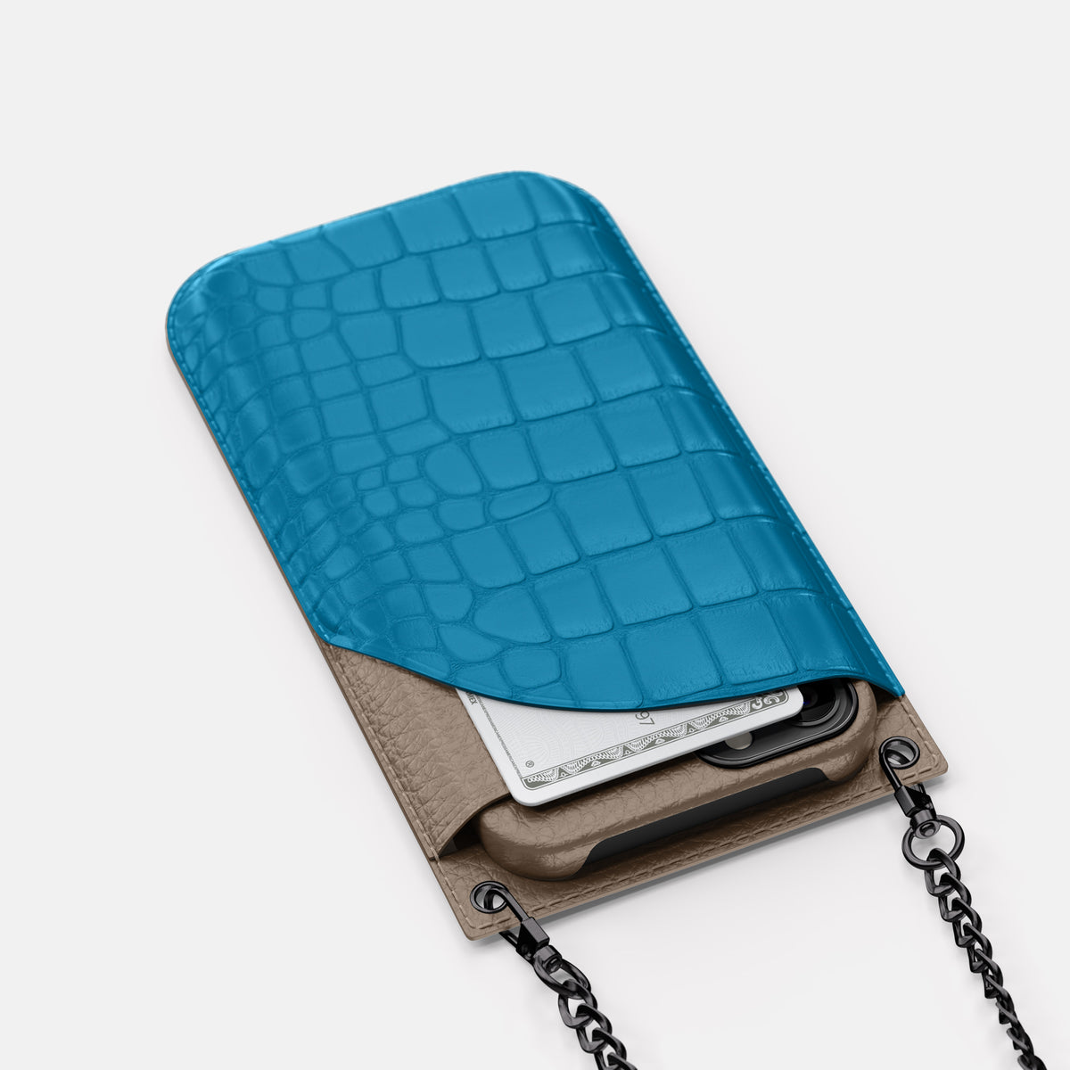 Curaçao-Blue iPhone 16 Pro Max Crossbody Bag Alligator with Black Metal -5 | Curaçao-Blue-Black
