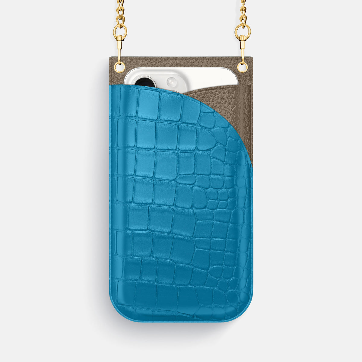 Curaçao-Blue iPhone 16 Pro Max Crossbody Bag Alligator with Gold Metal -1 | Curaçao-Blue-Gold
