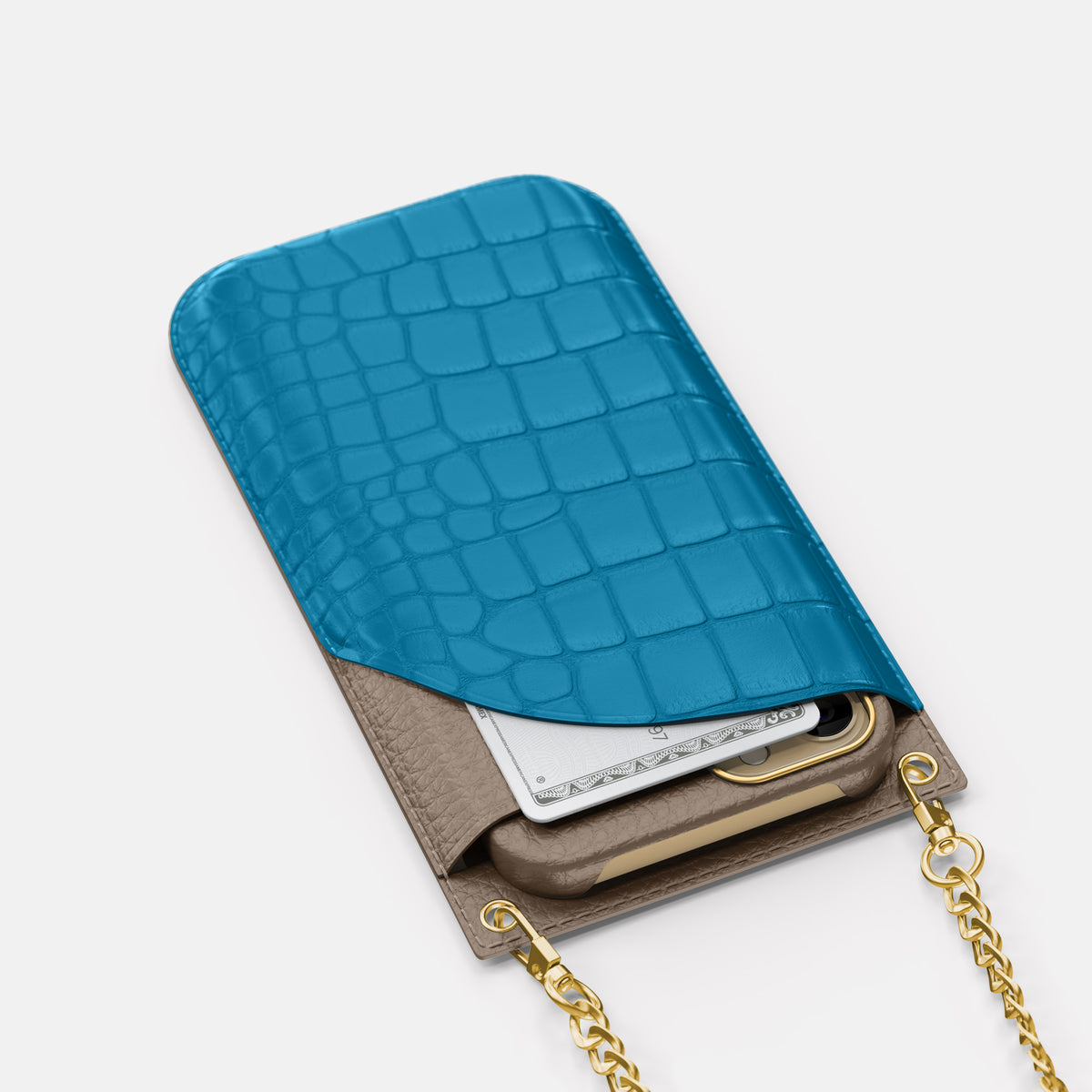 Curaçao-Blue iPhone 16 Pro Max Crossbody Bag Alligator with Gold Metal -5 | Curaçao-Blue-Gold